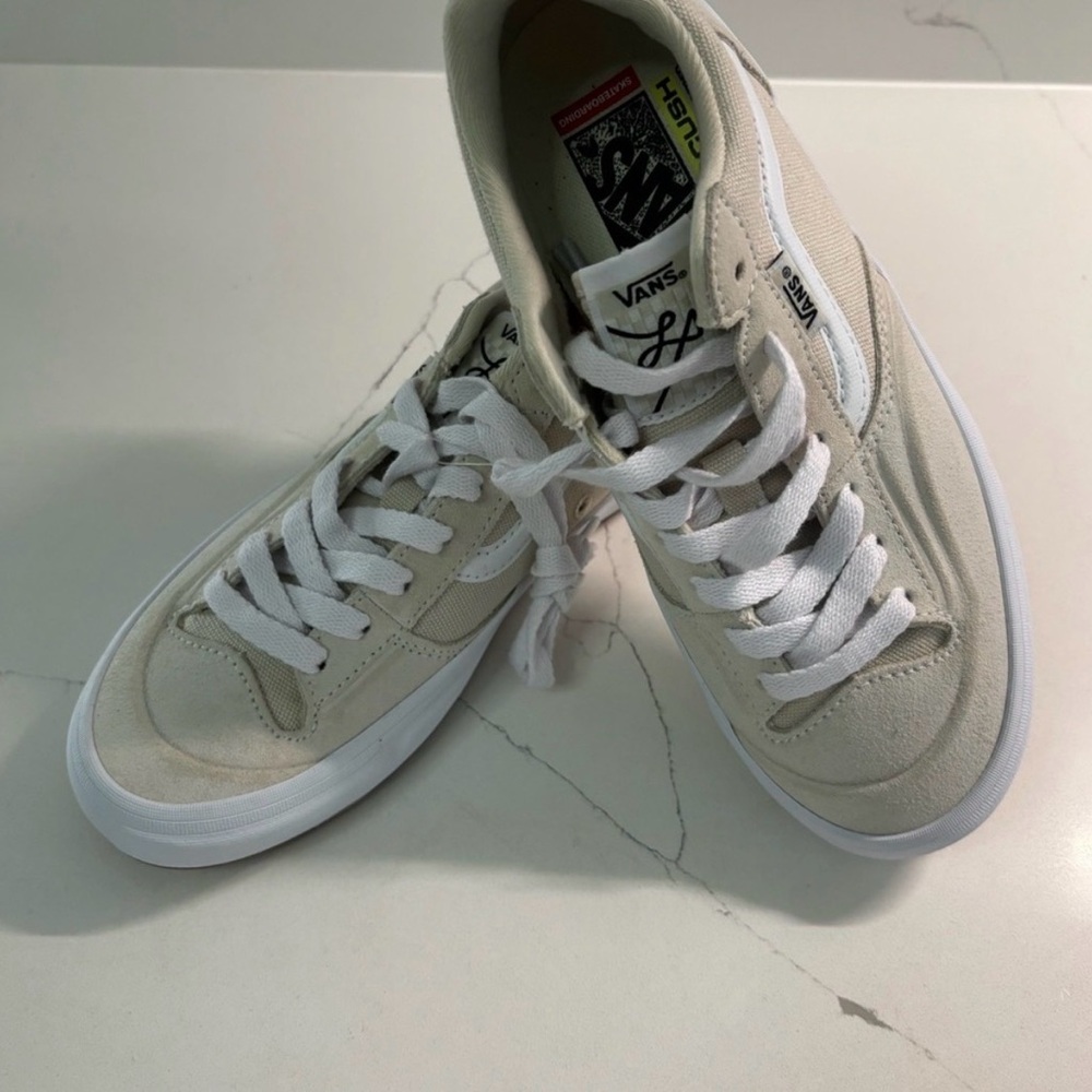 Vans White and Red Low-Top Skate Sneakers